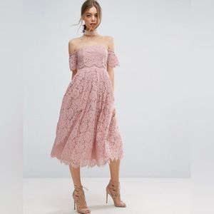 ASOS off the shoulder lace prom midi dress.